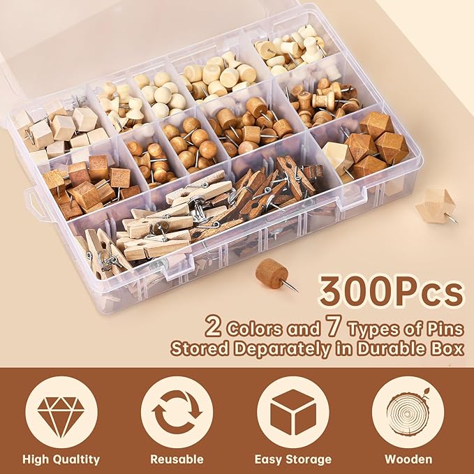 GOOLADA 300Pcs Wooden Push Pins,2 Colors and 7 Types Decorative Thumb Tacks, Cute Thumb Tacks, Wood Pushpins for Cork Board, Wooden Thumbtacks for Bulletin Board, Cubicle Wall, Cork Board Accessories