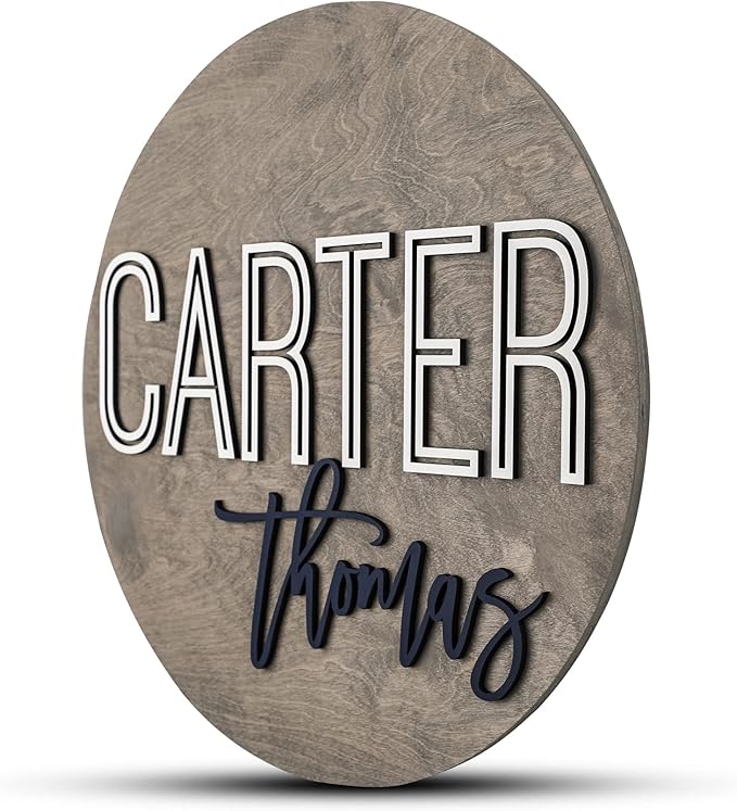 Custom Round Nursery Name Sign, Personalized Wooden Wall Plaque, 12" 18" 24", 30" 3D Wall Art for Children & Kids Rooms, Baby Shower, Hickory Hollow Designs (Carter Thomas)