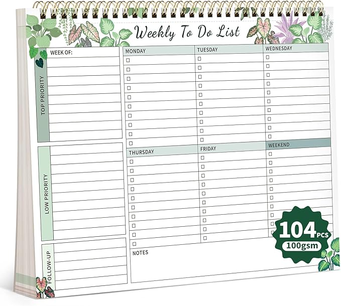 104 Pgs Weekly To Do List Notepad, 52 Duplex-Printed Undated Sheets 100 GSM（8.5"×11") Weekly Desk Planner For Work Home School Office Desk Accessories Supplies & Goal Setting Tasks - Green Foliage
