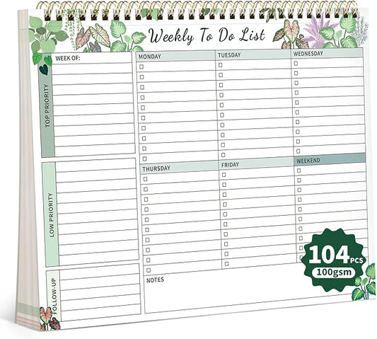 104 Pgs Weekly To Do List Notepad, 52 Duplex-Printed Undated Sheets 100 GSM（8.5"×11") Weekly Desk Planner For Work Home School Office Desk Accessories Supplies & Goal Setting Tasks - Green Foliage