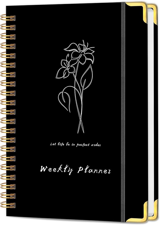 Undated Weekly Planner with Metal Corner Hardcover Notebook , A5 Size Journal with To Do List Planner, Habit Tracker,Weekly Goals for ADHD,Student, Office, Women, Men ,Gifts,6 x 8 inches，Spiral Bindding ,Black