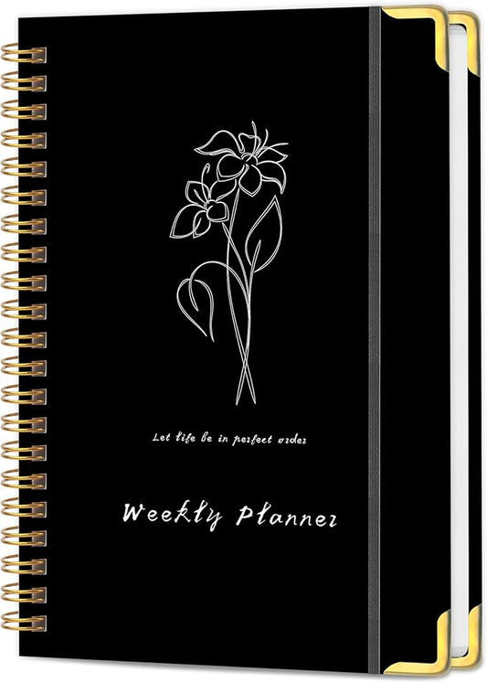 Undated Weekly Planner with Metal Corner Hardcover Notebook , A5 Size Journal with To Do List Planner, Habit Tracker,Weekly Goals for ADHD,Student, Office, Women, Men ,Gifts,6 x 8 inches，Spiral Bindding ,Black