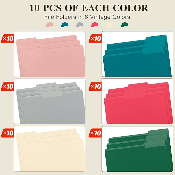 Color File Folders, 1/3-Cut Tabs, Letter Size, Assorted Colors Organizer File Folders for School Home Office Business (60, Assorted Colors)