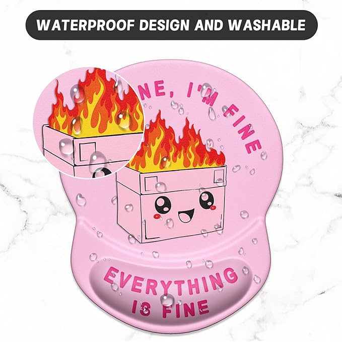 ITNRSIIET Ergonomic Mouse Pad with Gel Wrist Support Small Wrist Rest Smooth Surface Non-Slip PU Base Comfortable Office Supplies Pain Relief, 8.7 x 7.2 inches, Pink Cute Dumpster
