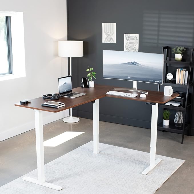 VIVO Electric Corner 63 x 55 inch L-Shaped Standing Desk, Memory Height Adjustment, Dark Walnut Top White Frame, DESK-E3CTWD