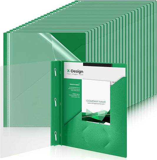 Teling 48 Pcs Clear Front Report Covers with 3 Prongs, Plastic Green Presentation Folders Bulk with 3 Pockets for A4 and Letter Size Paper, 90 Sheet Capacity, Document Covers for School Business
