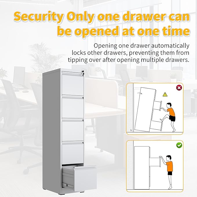 Reegangfa 5 Drawer File Cabinet with Lock, 18" D Metal Vertical Filing Cabinets, Steel File Storage Cabinets for Home Office, Hanging A4 Legal/Letter Size Narrow File Cabinet, Assembly Required