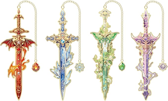 4pcs Fantasy Sword Bookmarks for Books, Journals, Planners - Cool Metal Book Markers for Reading Women & Men, Unique Book Marks Gifts for Book Lovers, Reading Accessories for Students & Adults & Kids