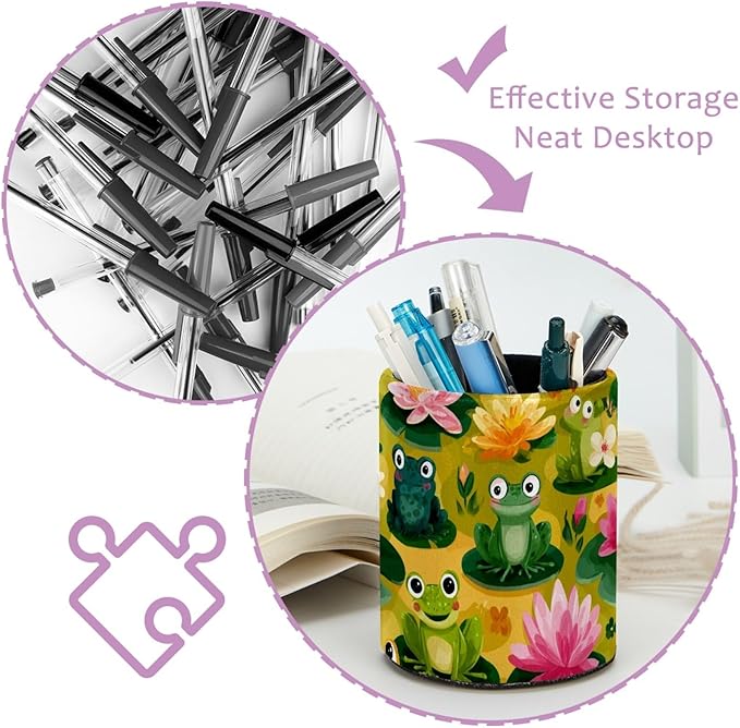 Leather Pen Holder for Desk Funny Frogs Pencil Cup Desktop Organizer Makeup Brush Holders Office Supplies for Home, Kids & School