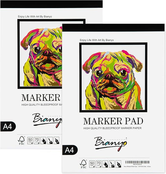 Bianyo Bleedproof Marker Paper Pad, A4(8.27"X11.69"), 50 Sheets/Pad, Pack of 2 Pads, 18 LB / 70 GSM, Glue-Bound, 100% Cotton, White, Ideal for Use with Markers and Ink Mediums