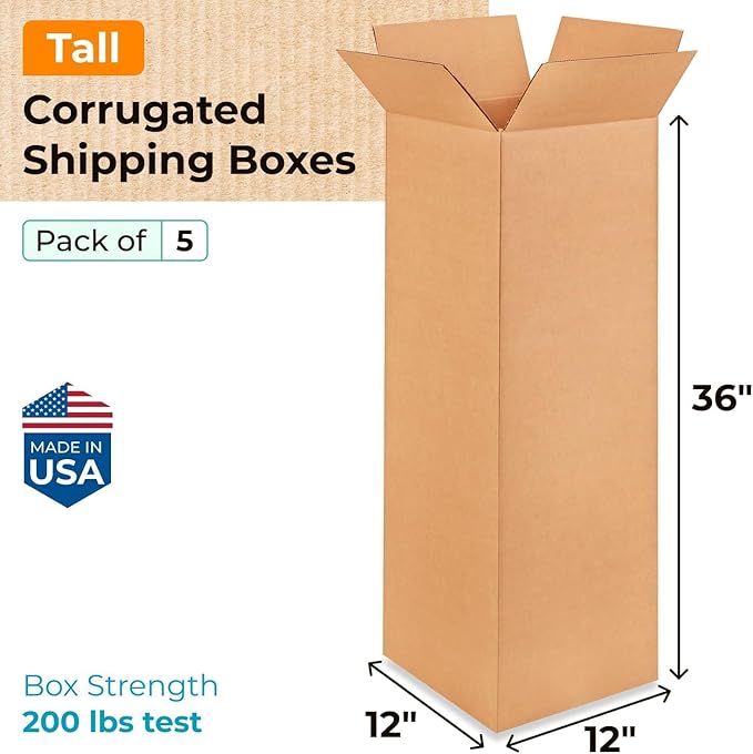 Tall Moving & Shipping Boxes 12 x 12 x 36 inches (5-Pack) - Extra Strength 200 lb vs Regular - Corrugated Boxes for Packaging Moving - Cardboard Shipping Box - Box Pack by IDL Packaging