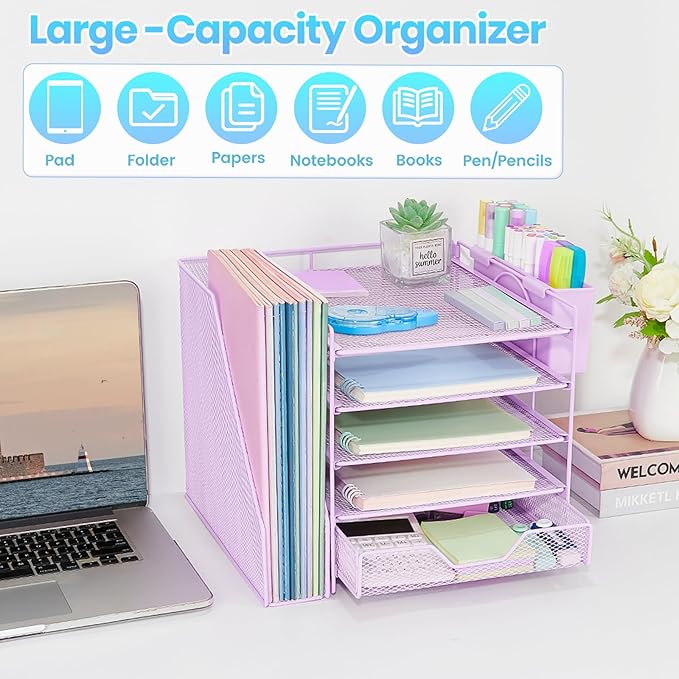 Gugsey Desk Organizer, 5-Tier Paper Letter Tray Organizer with File Holder, Drawer and Pen Holder, Desktop Organizer for Office Supplies, Purple