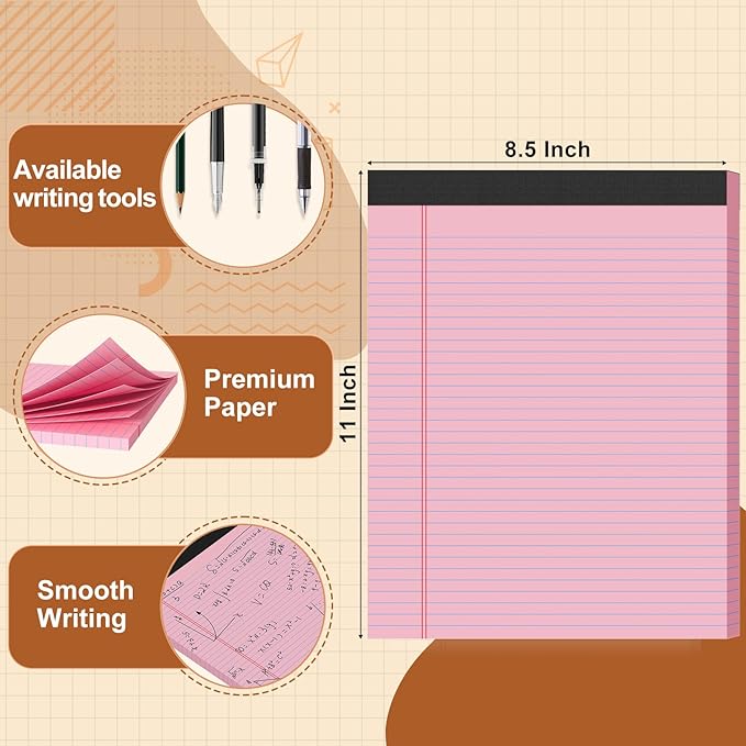2 Pack Legal Pads 8.5 X11, College Ruled Notebook, 100 Sheets Pink Note Pad, Writing Pads 8.5x11, Tear Off Notepad, Lined Paper, Notebook Paper for Office Home School, 50 Sheet/Pad