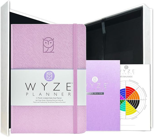 Wyze Planner Undated Daily Planner – 1-Year B5 Productivity Organizer with Two-Page Weekly Spread, Goal Setting, Habit Tracker, Weekly & Monthly Pages – Hardcover Time Management Notebook (Lilac)