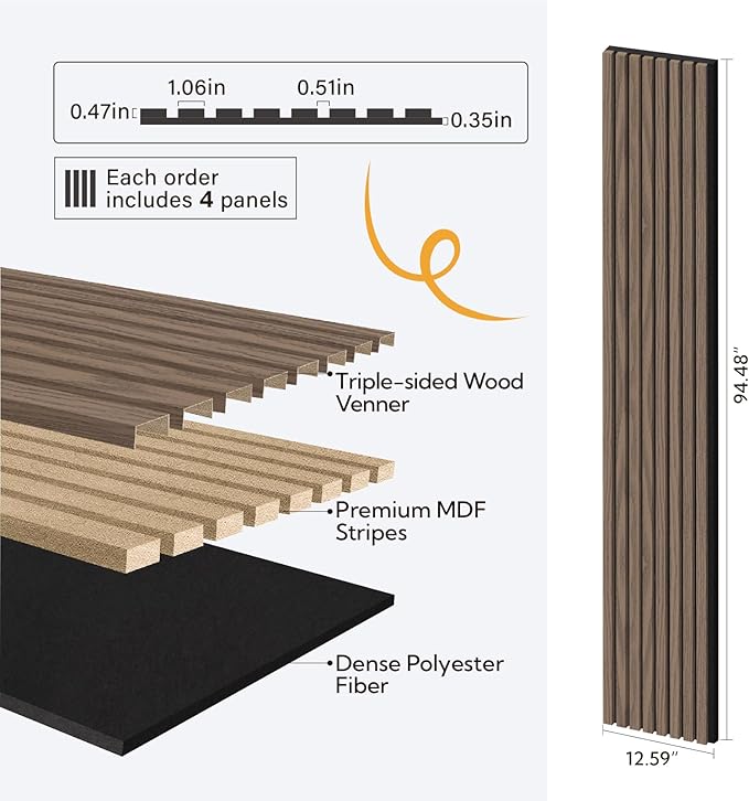 Olanglab Wood Slat Wall Panels, Wooden Acoustic Wall Panels, 94.5"x12.6" Each 3D Wall Panels for Interior Wall Decor, 4 Pack in Total 94.5"x50.4" (Dark Walnut)