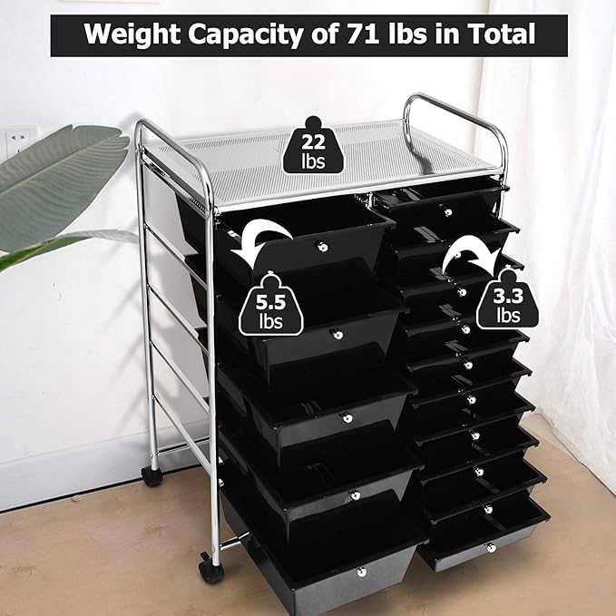 HAPPYGRILL 15-Drawer Rolling Cart, Storage Carts with Removable Drawers & Steel Frame, Utility Cart on Lockable Wheels for Home, School, Office, Black