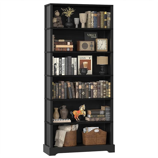 TVU 6-Tier Wooden Bookshelf, 77.2" Tall Farmhouse Style Open Bookcase, 31.5" W Standing Book Shelf with Storage, Suitable for Study, Living Room, Office, Blcak