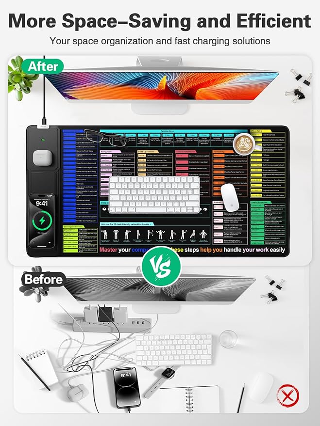 Mouse Pad for Excel/Word/PowerPoint/Windows Shortcut Keys, Desk Pad with Wireless Charger Phone Stand, XXL Large Excel Cheat Sheet Mousepad | PC Office Spreadsheet Desk Mat | Non-Slip Stitched Edge