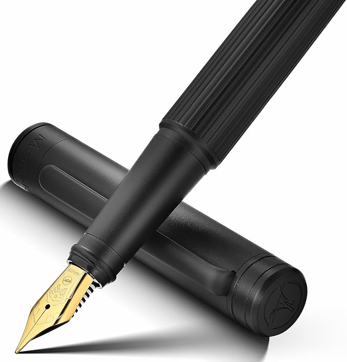MCNTEIK Matte Black Fountain Pen, Exquisite Vertical Grooving Design, Ink Converter, 18K Gilded Nib (Extra Fine), Fancy Gift Set for Men & Women, Office, Smooth Writing Calligraphy Pens