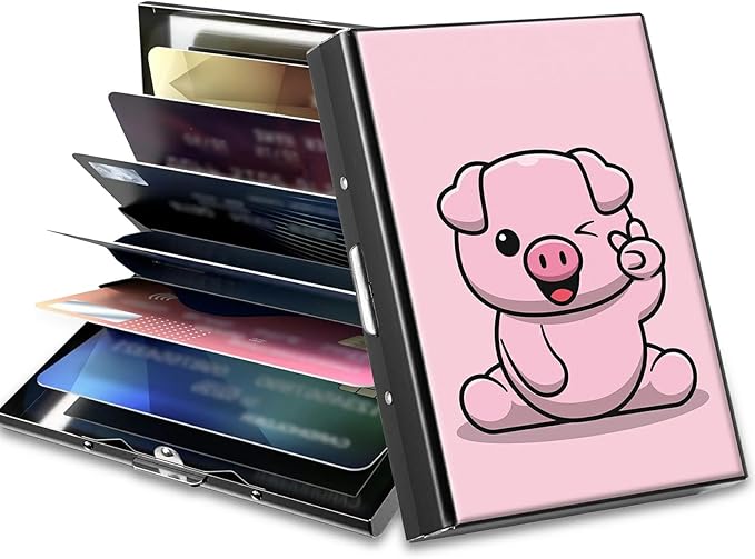 BWEGRHE Slim Credit Card Holder, Pink Pig RFID Blocking Metal Wallet for Men & Women, Aluminum Minimalist Hard Case Pocket-Sized Business Cards Organizer (Fits Up to 10 Cards)