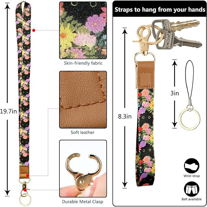 bolimoss Black Cat Flower Lanyard Wallet,Pu Leather Women Zid ID Case with Lanyards,Cute Neck & Wrist Lanyard Keychain for Women, Teacher, Nurse, Office Name Tag Badge Holder ID Card Holder