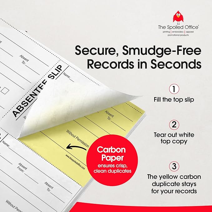 The Spoiled Office Absentee Slip Book with Carbonless Duplicates 400 Pcs - 2 3/4"x3 3/4"- Easy Tracking Log Book for School Carbon Copy, School Supplies, Office Supplies for Desk, Spiral Bound