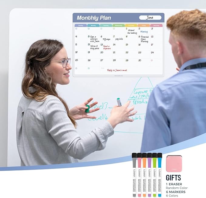 Loukin 17"x11.8" Monthly Dry Erase Calendar, Electrostatic Clings to All Shiny Surface, Reusable Whiteboard Planner Schedule for Refrigerator, Office, Classroom, 6 Magnetic Markers & 1 Eraser Included