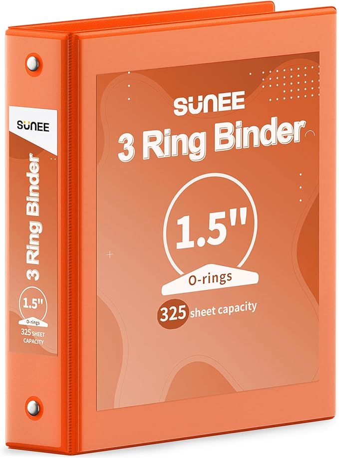 SUNEE 3 Ring Binder 1.5 Inch 1 Pack, Clear View Binder Three Ring PVC-Free (Fit 8.5x11 Inches) for School or Office Supplies, Orange