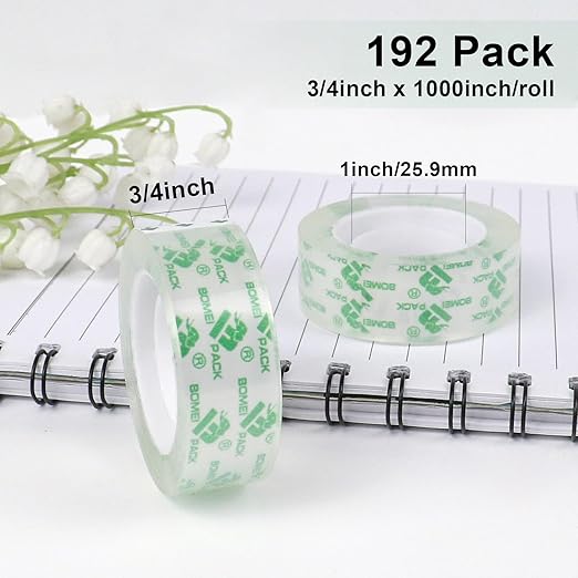 BOMEI PACK 192Rolls Crystal Clear Tape Refills for Dispenser, Bulk Office Transparent Tape for Home and School, 3/4Inch x 1000 inch