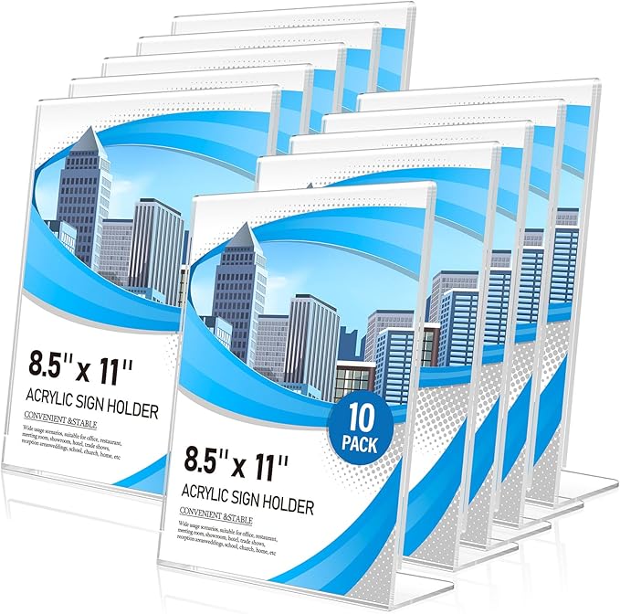 Eocnrhe Acrylic Sign Holder 8.5 x 11 10 Pack, Double-Sided Clear Sign Holder Plastic Stands for Display, Table Sign Stands, L Shape Flyer Holder