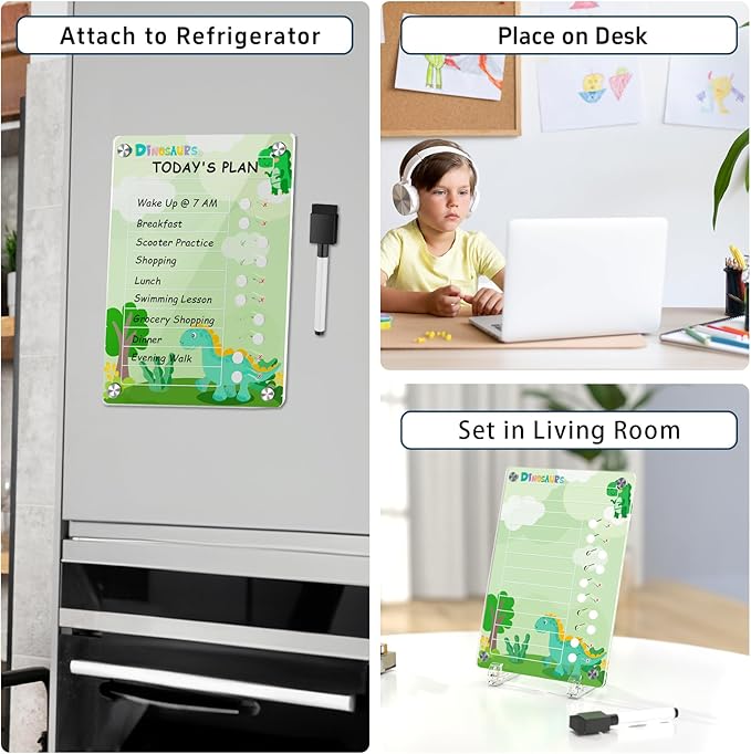 NiHome Acrylic Magnetic To Do List Planning Board with Sliders & Desktop Stand, Kids Chore Chart, Checklist Routine Chart Task Board for Fridge & Desk, For Magnetic Metal Surfaces Only(Green Dinosaur)