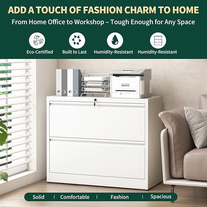 2 Drawer Lateral File Cabinet with Lock, Metal File Cabinets for Home Office, Office Furniture for Organization Hanging Legal/Letter/A4, Metal Filing Cabinet Storage Cabinet, Require Assembly, White