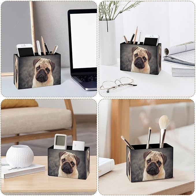 Famame 3D Pug Dog Puppy Pencil Holder for Desk, Leather Desktop Container Pen Cup Storage Study Table Pen Organizer Makeup Brushes Holder for Office Home