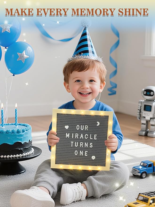 Changeable Felt Letter Board with LED Lights - 10×10" Message Custom Signs & Wood Stand & 450 Letters, Poster Board for Valentine's Day/Baby/Pregnancy Announcement/Classroom Wall Decor Gifts, Grey