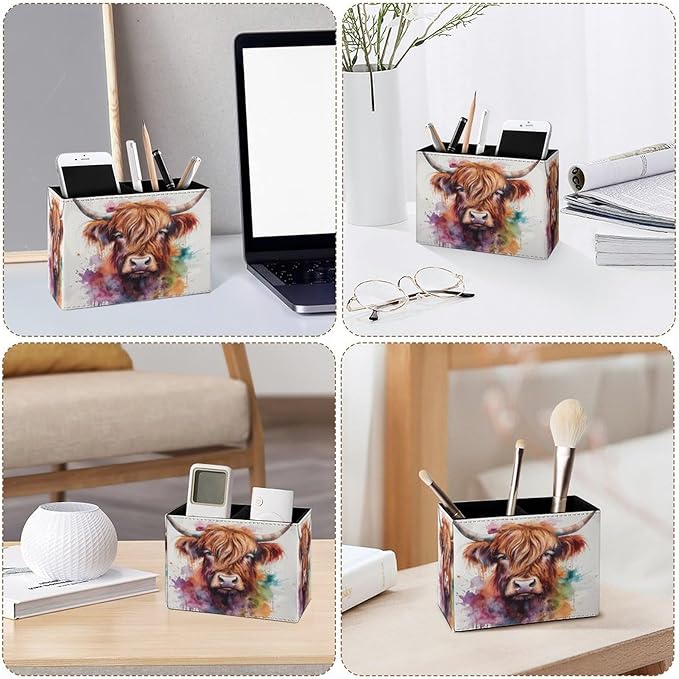 Famame Cute Cow Highland Pencil Holder for Desk, Leather Desktop Container Pen Cup Storage Study Table Pen Organizer Makeup Brush Holder for Classroom Office Home