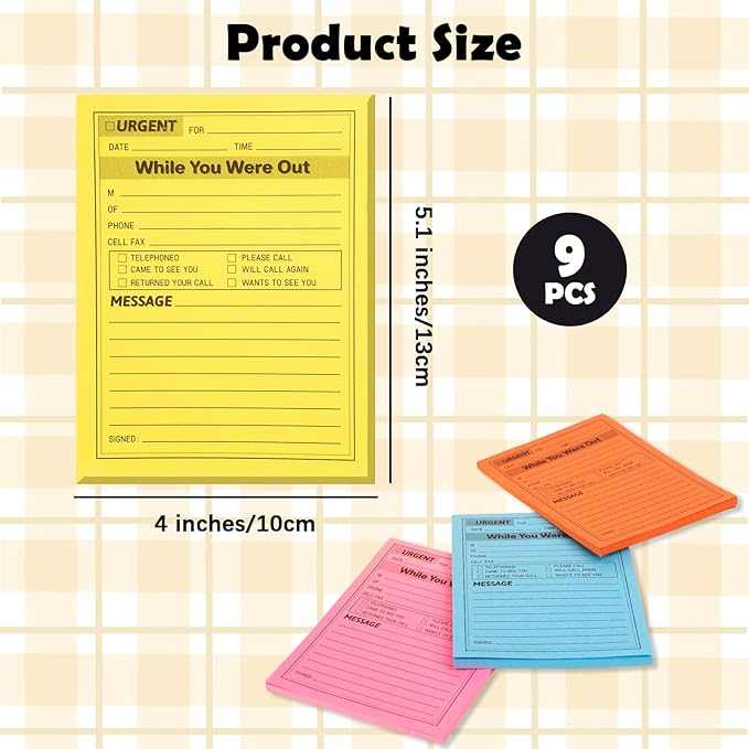 9 Pieces Phone Message Pads for Office, Big Sticky Notes for Wall, Assorted Colors Funny Office Sticky Notes, Urgent While You were Out Message Pad, Work Call, Teacher Supplies No Black Frame