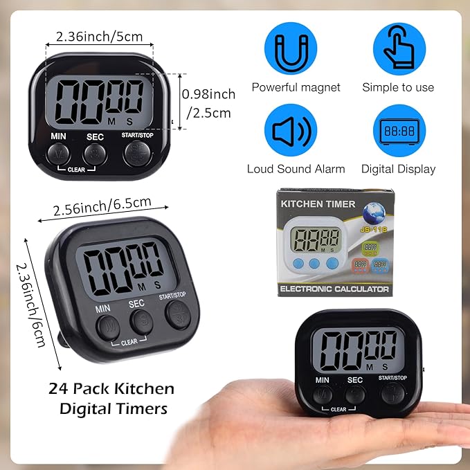 Leumoi 24 Pcs Digital Kitchen Timers Magnetic Back Timers Bulk Large Screen Loud Alarm On/Off Switch Minute Second Count up Countdown Memory Setting for Cooking Classroom Exercise (Black)