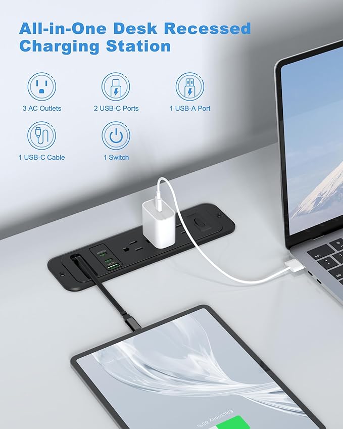 Recessed Power Strip with Retractable USB C Cable,2 PD 20W USB C,Flush Mount Countertop Drawer Outlet, Furniture Hidden Outlet for Side Table,End Table,3 Outlets (Black, 6FT-20W USB)
