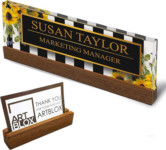 Artblox Office Personalized Name Plate for Desk with Business Card Holder On Clear Acrylic Glass Sunflower Flowers Design Custom Desk Name Plate with Your Name and Credentials Customized Gift
