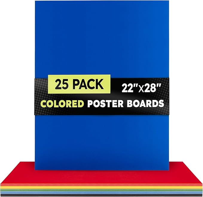 Hygloss Large Colored Poster Board 22x28 - 25 Assorted Standard Color Poster Boards Bulk Pack - Red, Yellow, Green, Blue, Black - 10 Pt. Thickness Poster Board Paper - Posterboard Multipack 22" x 28"