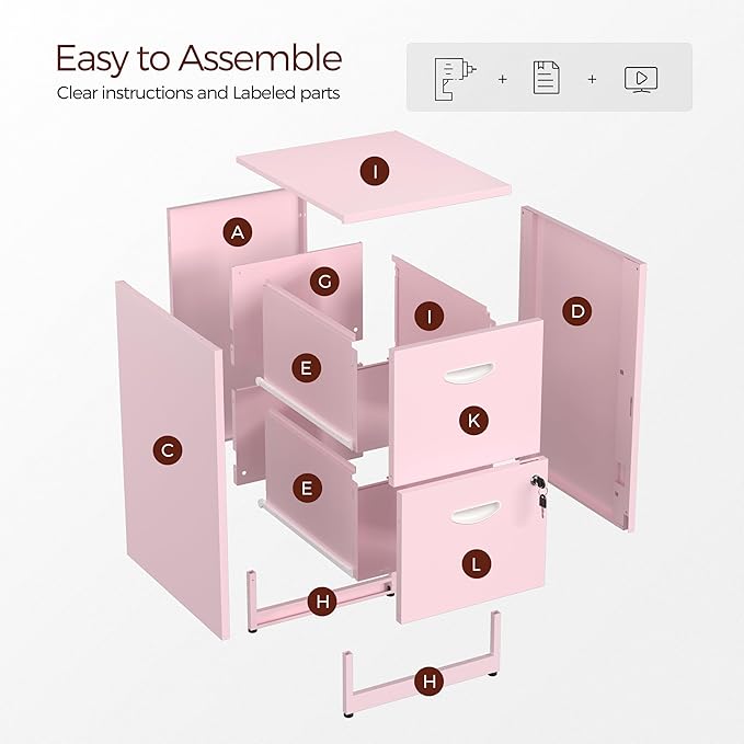 Kubohogar 2 Drawer File Cabinet with Lock,Pink Metal Filing Cabinets,Vertical Locking File Cabinet Fit Hanging Files, Letter,File Box and A4 Documents(Pink)