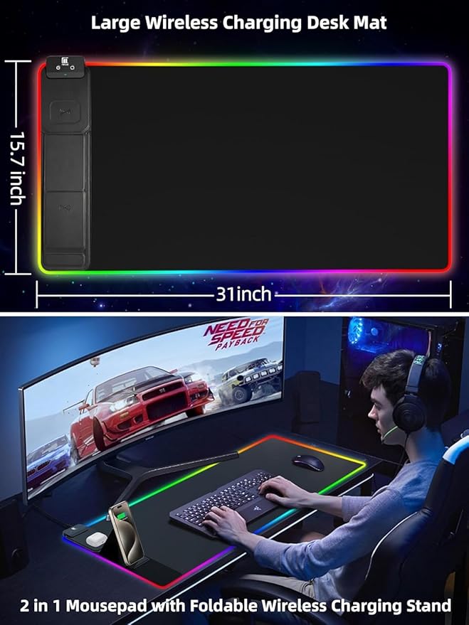 XXL Mouse Pad with Phone Holder - Black, RGB Desk Mat with 15W Fast Charging, LED Gaming Mousepad with 11 Light Colors, Waterproof Non-Slip Pad for Office & Home