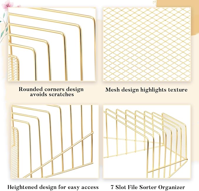 2 Pcs 7 Section Incline File Sorter Metal Wire Mesh File Rack for Desktop Letter Sorter for Magazine Folder Book Organizer Home Office School Paper Mail Desk Storage Holder (Golden)
