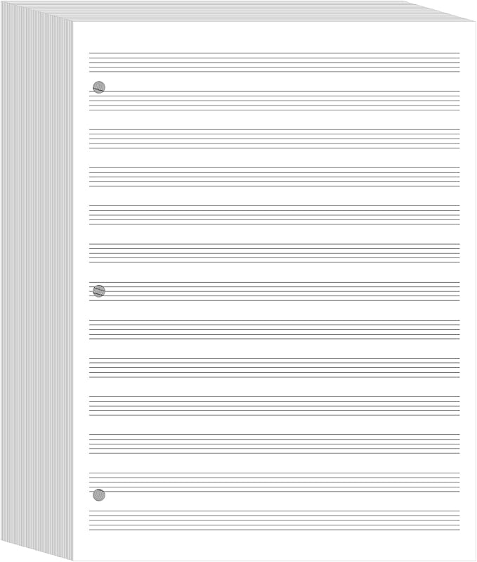 Fullhawl Loose Leaf Music Filler Manuscript Paper 8.5"x11" with 12 Staves of Music Lines 100 Sheets 3 Hole Blank Manuscript Staff Paper for Compositions