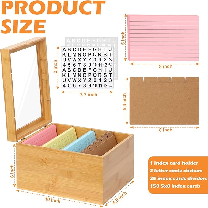 5x8 Index Card Holder with Dividers Bamboo Index Card Storage Box 4 Compartments Recipe Card Box with Lid 150 Index Flash Cards 25 Index Card Dividers 2 Letter Smile Stickers for Office Business Home