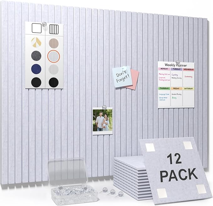 Smarpau Large Cork Board for Walls, 48"x36" Bulletin Board, 12 Pack Slat Felt Wall Tiles with Pushpins Removable Security Tabs, Pin Board for Office Wall Organizer Protector -Grey