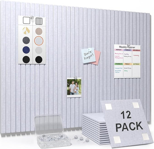 Smarpau Large Cork Board for Walls, 48"x36" Bulletin Board, 12 Pack Slat Felt Wall Tiles with Pushpins Removable Security Tabs, Pin Board for Office Wall Organizer Protector -Grey