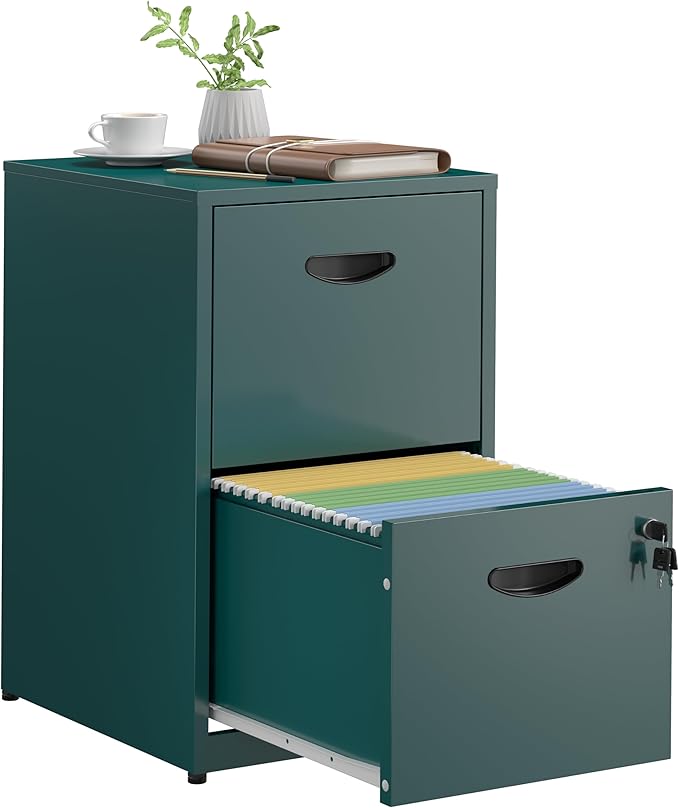 SteeLoong 2 Drawer File Cabinet with Lock,Green Metal Office Drawers Filing Cabinets for Home Office, Two Drawer Under Desk File Cabinet for Hanging Letter,Easy Assemble