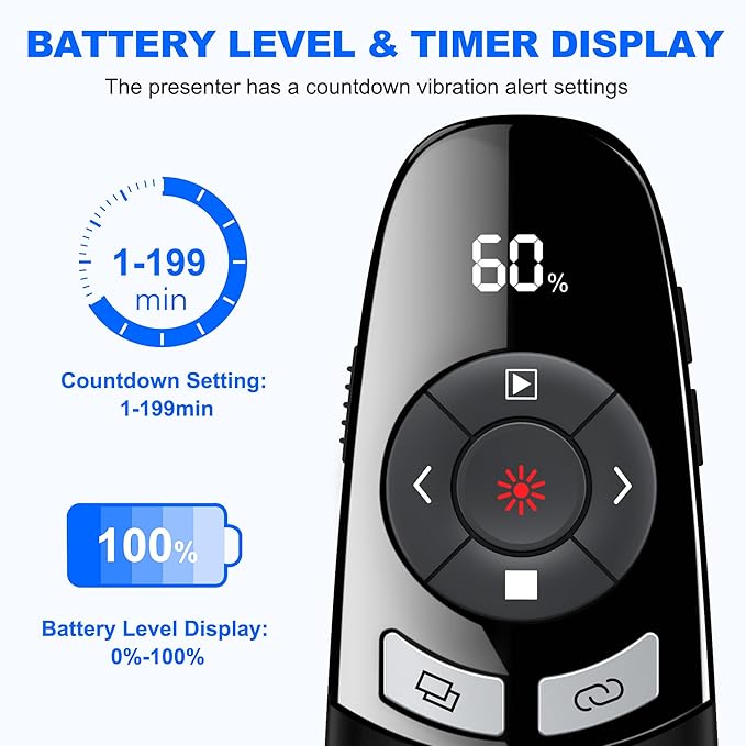 [Timer LCD Display] Rechargeable Presentation Clicker Wireless Presenter Remote w Laser Pointer Long Range Power Point Clicker Slide Clicker for Office Classroom Teacher