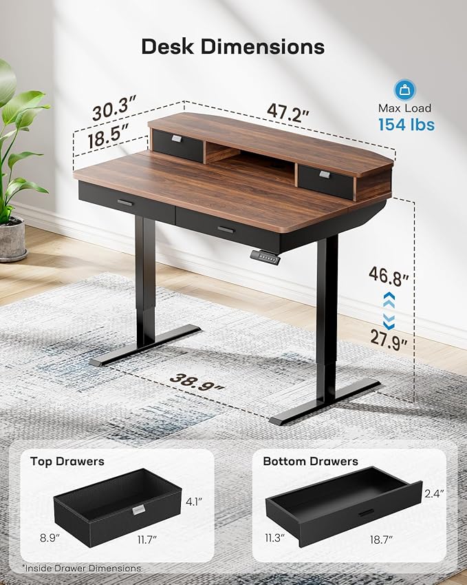 HUANUO 48 x 30 inch Electric Standing Desk with 4 Drawers, Adjustable Height Sit Stand Home Office Desk with Two Tiers, Ergonomic Adjustable Stand up Desk C-Clamp Monitor Mount Compatible, Walnut